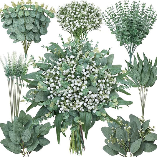 Serwalin 90 Pcs 7 Kinds Mixed Artificial Eucalyptus Greenery Stems, Baby Breath Flowers Artificial with Faux Leaves for DIY Bouquets Wedding Floral Centerpieces Vase Table Home Decor