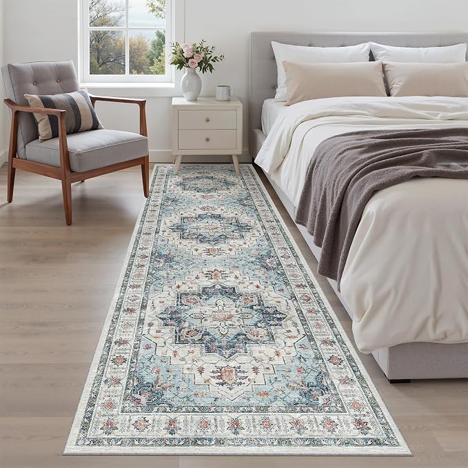Madane Runner Rug 2'6''x8' Kitchen Runner, Hallway Runner Vintage Washable Rugs Soft Non-Slip Low Pile 2.5x8 ft Runners for Hallways Laundry Room Distressed Rug, Blue