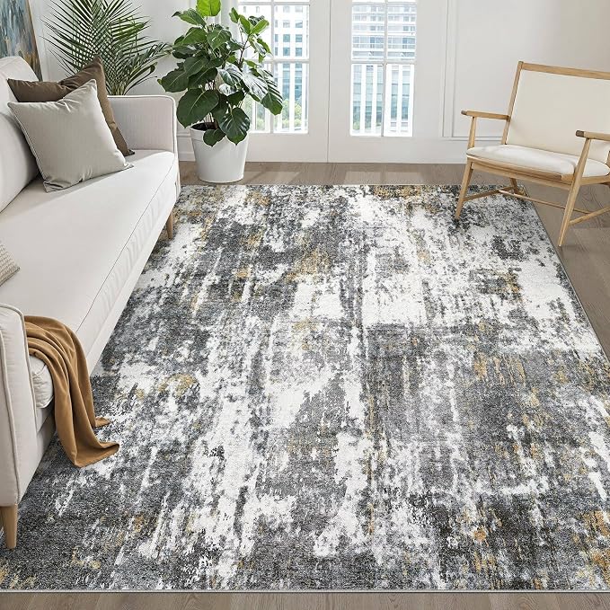 6x9 Area Rugs Living Room: Washable Large Neutral Rug Abstract Soft Modern Stain Resistant Indoor Floor Non-Slip Carpet for Bedroom Nursery Kids Office Playroom Dining Room- Black White Gold