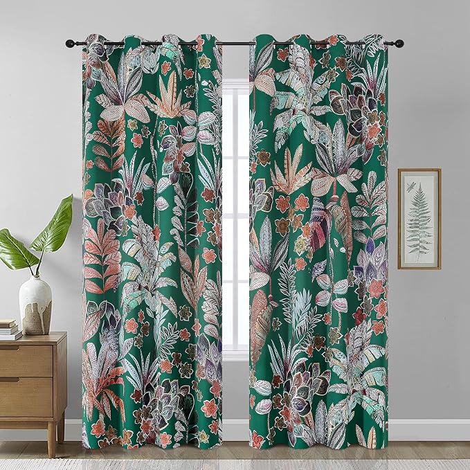 Estelar Textiler Green Leaves Pattern Blackout Curtains 96 inches Long 2 Panels for Bedroom,Modern Farmhosue Decor Grommet Thermal Insulated Room Darkening Curtains for Living Room,52x96 Inch