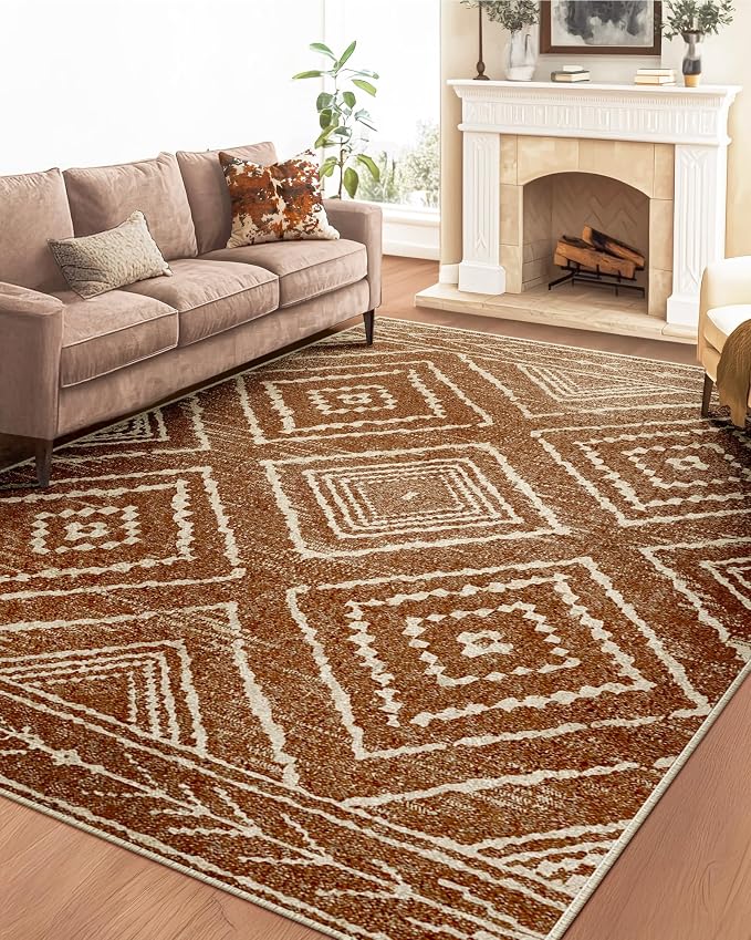 BESTSWEETIE Area Rug 6x8 Rug Machine Washable Non-Slip Low Pile Print Pattern Western Rug for Living Room Bedroom Entryway Tribal Series-Yellowbrown/Cream