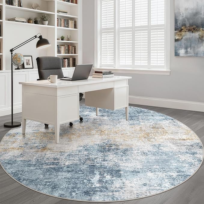7ft Round Rug Living Room: 7x7 Washable Large Neutral Circle Area Rug Abstract Soft Modern Stain Resistant Indoor Floor Non-Slip Carpet for Bedroom Nursery Kids Office Playroom Dining Room- Blue Gold