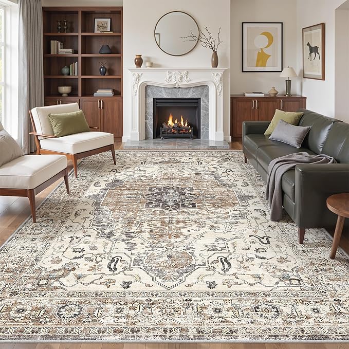 befbee 9x12 Area Rugs for Living Room,Ultra-Thin Washable Rug, Non-Slip Lightweight Foldable Area Rug, Stain Resistant Vintage Large Rugs(Brown/Grey,9'x12')