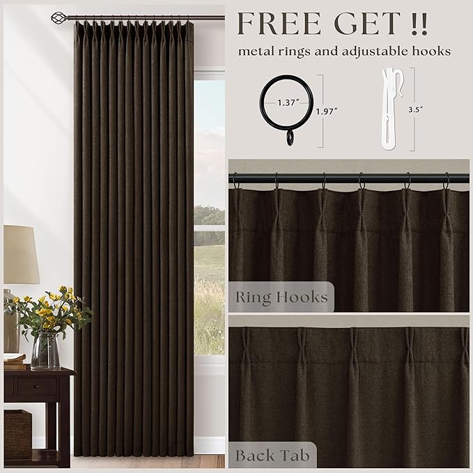 Brown Chocolate Double Layer Linen Blackout Curtains 105 Inches Long for Bedroom, Memory Trained Pinch Pleated Insulated Rustic Windows Curtain Room Darkening 105 Inch Length Drapes 2 Panels Set