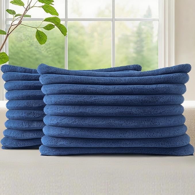 decorUhome Fall Faux Fur Throw Pillow Covers 12x20 Set of 2 Decorative Soft Plush Striped Lumbar Coastal Modern Farmhouse Boho Couch Pillow Cases with Velvet Back for Sofa Bed Living Room, Blue