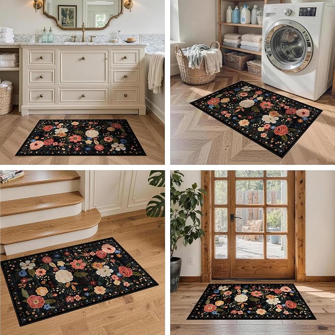 2x3 Washable Area Rug for Entryway Vintage Boho Floral Rug Non-Slip Low Pile Soft Faux Wool Small Carpet Kids and Pets Friendly for Bathroom Bedroom Kitchen Hallway Bedside Home Decor Rug Black Green