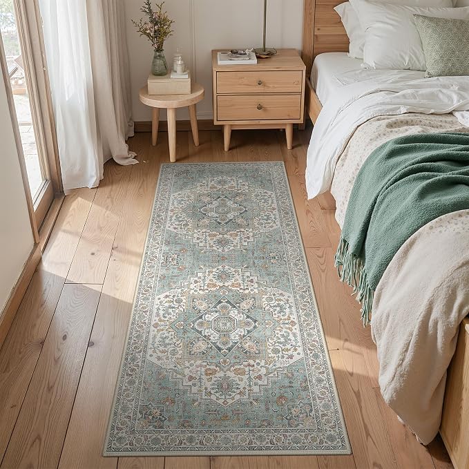 GENIMO Runner Rug 2x5 Non Slip Machine Washable Hallway Runner Rug, Low Pile Lightweight Rugs for Entryway, Hallway, Kitchen and Corridor, Vintage White/Teal