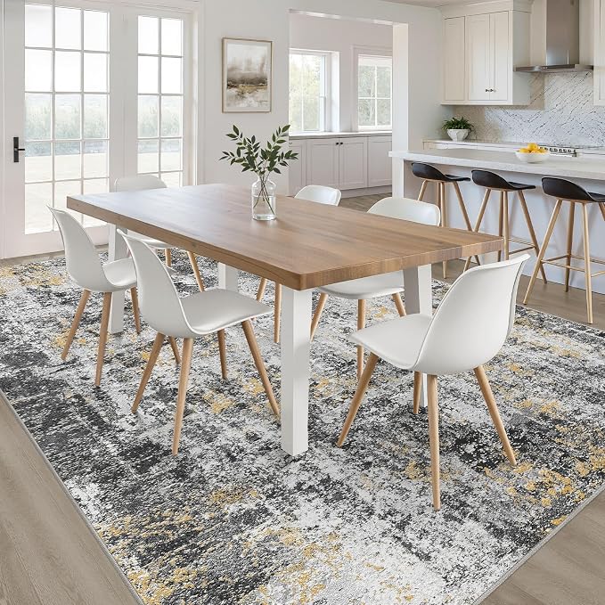 10x14 Area Rugs Living Room: Washable Large Neutral Rug Abstract Soft Modern Stain Resistant Indoor Floor Non-Slip Carpet for Bedroom Nursery Kids Office Playroom Dining Room Under Table- Black Gold