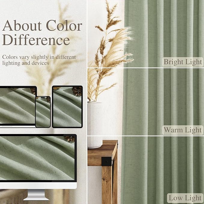 Light Sage Linen Curtains 108 Inches Long for Living Room 2 Panels Set Extra Long Back Tab Curtain Semi Sheer Light Filtering Sage Green Drapes Floor to Ceiling Drapes for Large Windows 52x108