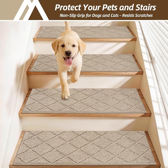 COSY HOMEER Stair Treads for Wooden Steps 11"x30" Washable Indoor Carpet Stair Treads Non Slip Soft Polyester Stair Carpet Tread Reusable Stair Runner Rugs for Kids, Elders,Pets,Beige,15pcs