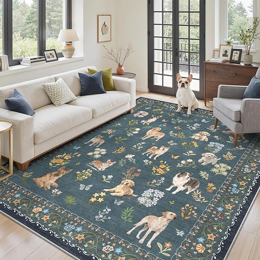 Soalmost Dog 5x7 Area Rugs for Living Room, Machine Washable Animal Floral Vintage Rug Non-Slip Low Pile Soft Throw Rugs for Kitchen Dining Room Bedroom Nursery Playroom (5 x 7,Navy Blue)