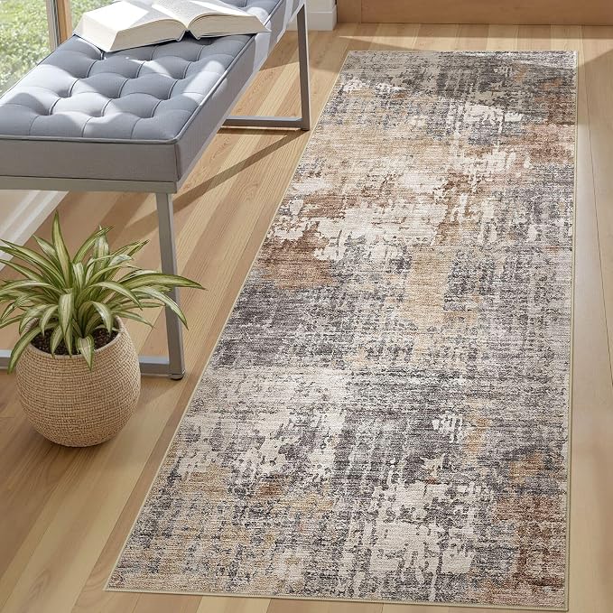 DMOYEST Washable Runner Rug for Hallway: 3x8 Neutral Modern Abstract Low Pile Area Rug with Non-Slip Backing - Carpet for Bedroom Kitchen Laundry Entryway Bathroom Indoor - Grey Brown