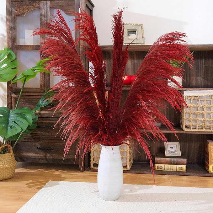 Red Pampas Grass Decor Tall for Floor Vase,Long Dried Pampas Grass, Large Pompas Floral, Elegant Feather Flowers for Wedding Decorations, Living Room Decor (Natural Red, 4pcs 43.3"(110cm))