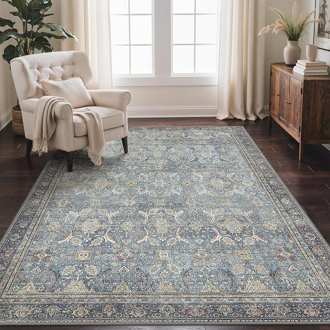 GENIMO 9x12 Area Rugs for Living Room, Machine Washable Non Slip Vintage Rugs, Low Pile Lightweight Chenille Print Rug for Bedroom, Dining Room, Home Office, Vintage Blue