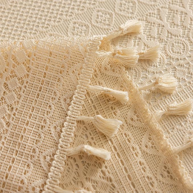 Sutuo Home Boho Curtains 2 Panels for Kitchen Kid's Room, Lace Curtains Semi Sheer Crochet Vintage Country Tassels Bohemian Drape Privacy Window Treatments Rustic Geometry Rod Pocket, 50" x 63" Beige