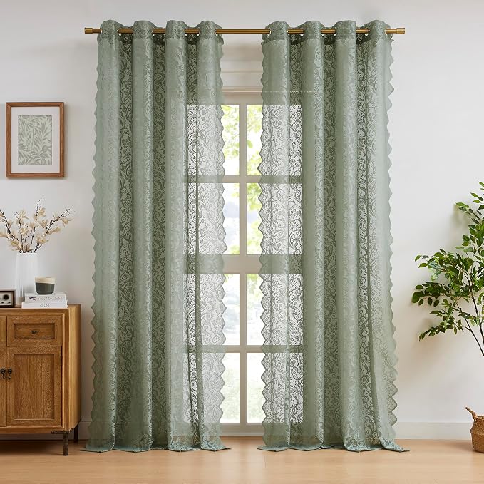 Bujasso Sage Green Lace Sheer Curtains 84 inch Length for Bedroom Living Room Vintage Floral Embroidered Window Drapes with Scalloped Edge,Light Filtering&Privacy,Rod Pocket 2 Panels 52Wx84L