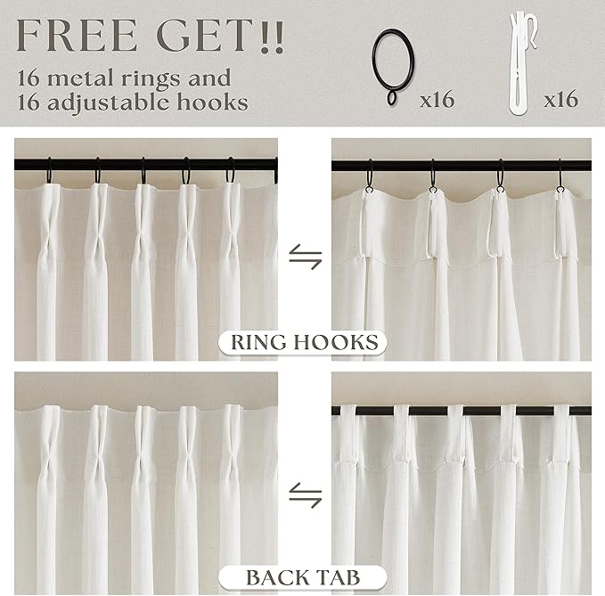 Pinch Pleated Linen Curtains 108 Inches Long for Living Room 2 Panels Set Cream Ivory Flax Double Pleated Drapes Back Tab Neutral Boho Ceiling Floor 108 Inch Window Curtains Bedroom Natural Birch