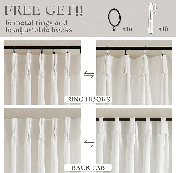 Natural Pinch Pleated Linen Curtains 2 Panels 63 Inch Length for Dining Living Room Memory Training Shaped Cream Birch Semi Sheer Short Pleat Drapes with Hooks Rings Bedroom Window Curtain 40x63
