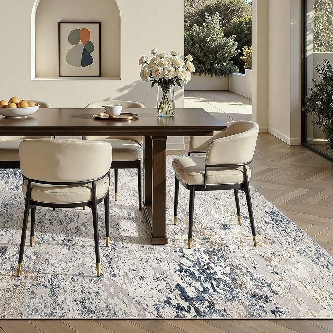 Area Rug Living Room Rugs - 5x8 Abstract Large Soft Indoor Washable Rug Neutral Modern Low Pile Carpet for Bedroom Dining Room Farmhouse Home Office - Beige Blue