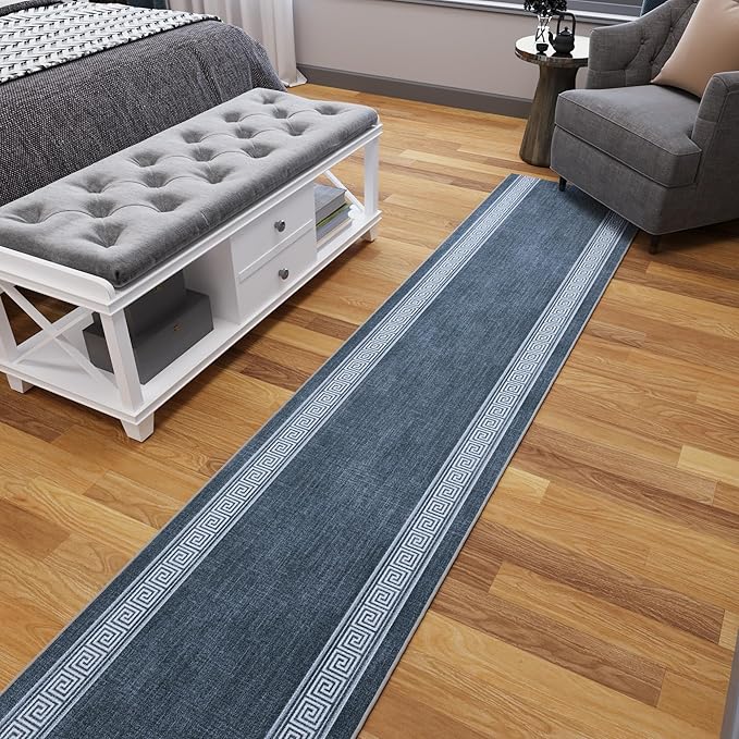 Ottomanson Aisle Runner Rug 2'7" x 26' – Soft Non-Slip Rug, Low Pile Carpet for Hallways, Events, Churches & Extra-Long Indoor Spaces, Greek Border Greyish Blue