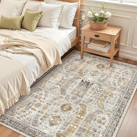 Madane Area Rug 4x6 Washable Rugs Vintage for Living Room, Brown/Gold | Ultra-Thin Stain Resistant Vintage Large 4'X6' Carpet, Soft Low Pile Floor Mat For Bedroom Dining Room Office Home Decor
