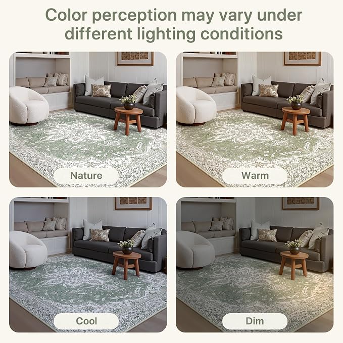 GENIMO 3X5 Washable Vintage Area Rugs for Living Room, Non-Slip Low Pile Chenille Print Rug, Soft Rugs for Bedroom Dining Room Home Office, Sage & Linen