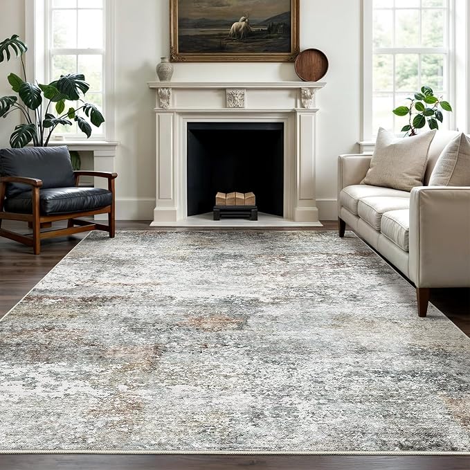 Art&Tuft Washable Rugs 8x10 - Stain Resistant Abstract Large Area Rugs for Living Room, 8x10 Area Rugs with Anti-Slip Backing, Foldable Machine Washable Area Rug(8'x10', Grey/Rust)