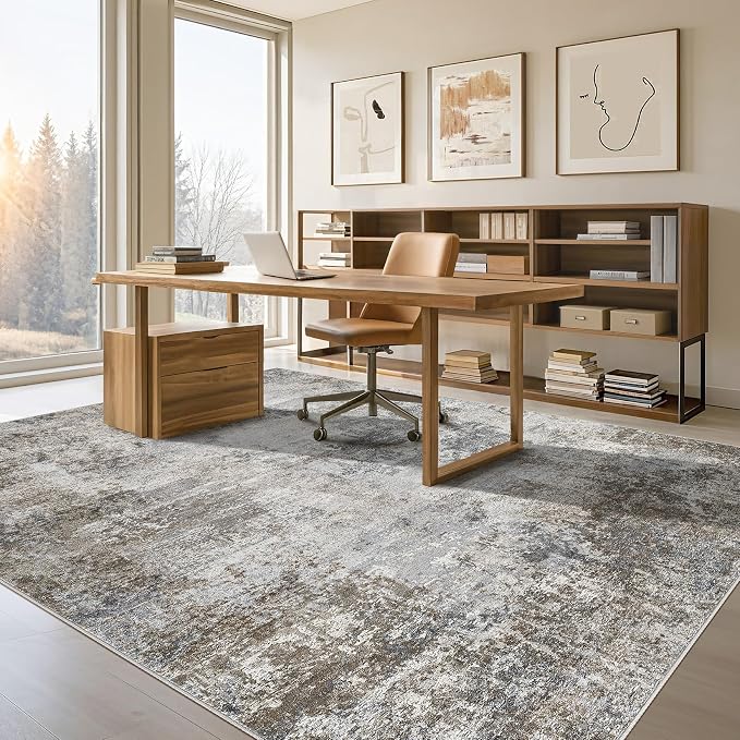 Tortania Washable 10x12 Area Rug for Living Room: Modern Abstract Neutral Large Soft Thin Rugs - Non Slip Indoor Carpet for Bedroom Dining Room Office Nursery Home Floor Decoration - Ash Taupe