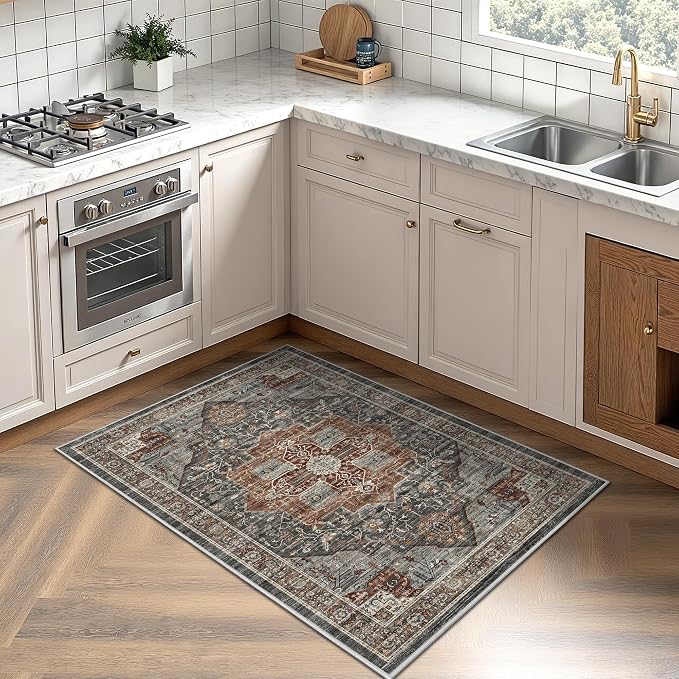 Roxstand 2x3 Washable Entryway Area Rug, Grey/Brown/Tan | Low-Pile Carpet, Non-slip Backing, Stain Resistant, Rug for Kitchen, Laundry Room, Entryway, Vintage Design