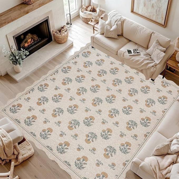 ORTIGIA Scalloped Easy Jute 8x10 Area Rug Vintage Yellow Floral Farmhouse Washable Rug Non-Slip Indoor Outdoor Carpet for Living Room Bedroom Patio Entryway