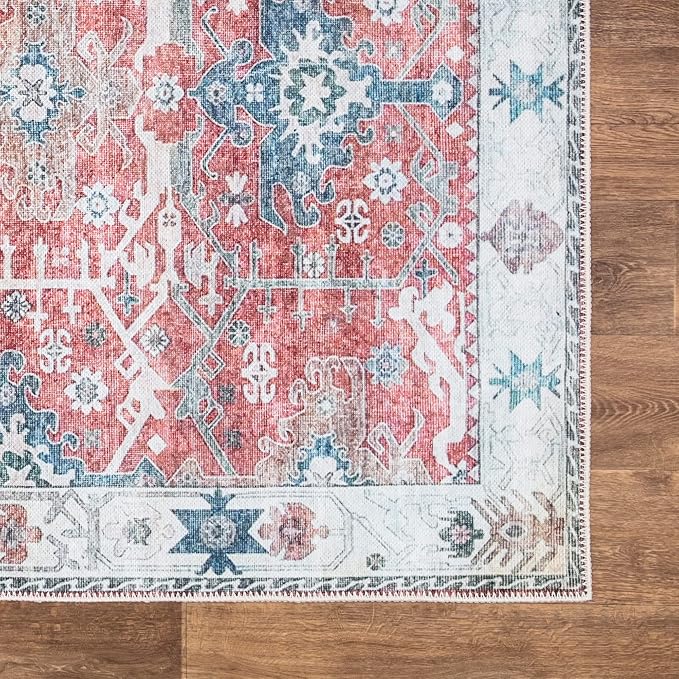 Bloom Rugs Washable Non-Slip 6' x 9' Rug - Red/Blue Traditional Area Rug for Living Room, Bedroom, Dining Room, and Kitchen - Exact Size: 6' x 9'