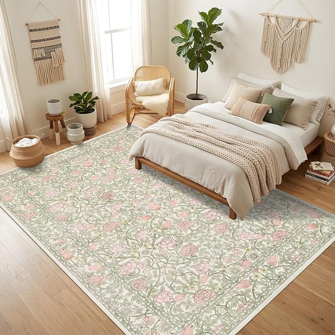GarveeHome Pink and Green Beige Washable 9x12 Area Rugs for Living Room Vintage Floral Boho Botanical Retro Rug Low Pile Stain Resistance Non Slip Carpet for Bedroom Nursery Dining Room