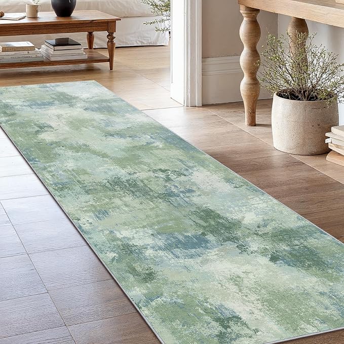 Runner Rugs for Hallway 2'6"x10', Modern Abstract Machine Washable Runners for Kitchen Entryway Bathroom Bedroom Laundry RoomLow Pile Lightweight Thin Non Slip Runner Rug, Green