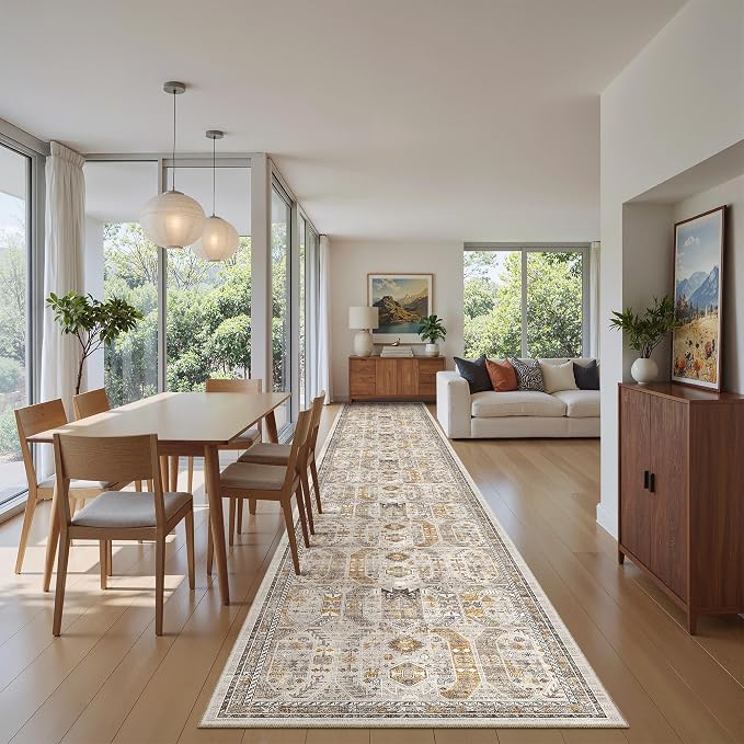Madane Hallway Runner Rug 2'6''x16' Kitchen Runners Vintage, Brown/Gold | Long Non-Slip Washable Rugs 16ft for Laundry Room, Entryway and Bedroom, Soft Low Pile Stain-Resistant 2.5x16 Ft Floor Carpet