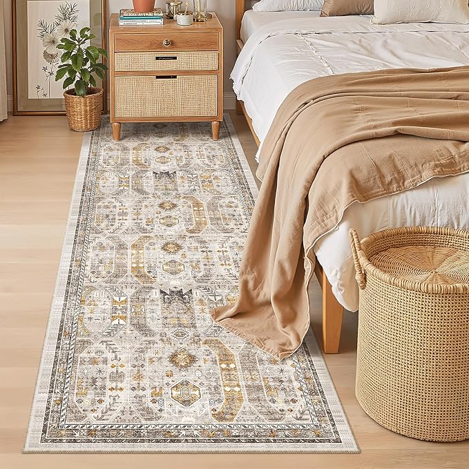 Madane Hallway Runner 3x8, Kitchen Rugs Washable Entry Rug, Brown/Gold | Vintage Non Slip Entryway Indoor Area Rugs, Soft Low-Pile Farmhouse Wide Carpet Runners for Bathroom Living Room Bedroom