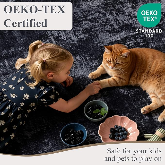 Sasttie 10x14 Soft Area Rug for Living Room, Modern Abstract Washable Large Carpet for Bedroom, with Non-Slip Backing, Black and Grey
