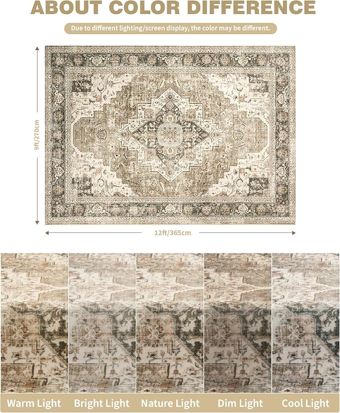 Roxstand Washable Rugs 9x12, Large Area Rugs 9x12 Living Room with Non-Slip Backing, Super-Soft Floral Vintage Rug, Low Pile Area Rug for Bedroom, Dining Room, Office (Brown/Beige, 9'x12')