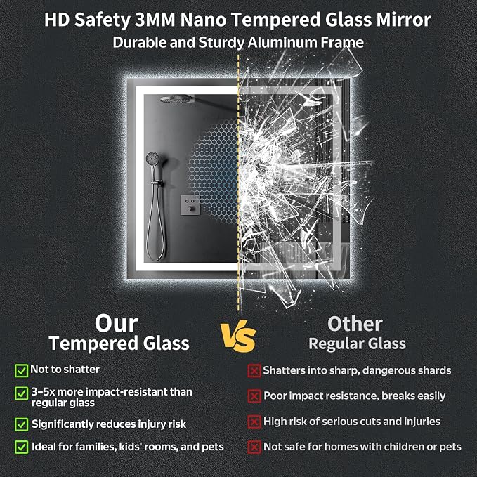 40"x36" LED Bathroom Mirror with Lights, Backlit + Front Lit with CRI>90, Lighted Mirror for Bathroom, Anti-Fog, Dimmable Brightness, 3 Colors, Memory Function, Shatterproof Tempered Glass
