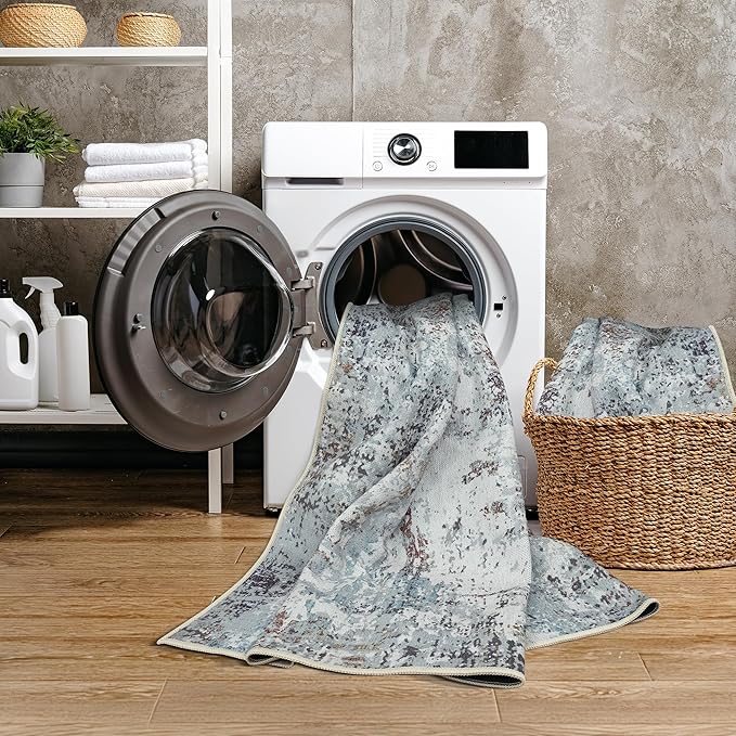 GLN Rugs Contemporary Collection - Machine Washable Area Rug, Contemporary Washable, Non Slip, Low Pile Chenille Rug, Living Room, Bedroom, Kitchen Rug (8' x 10' White/Grey/Blue/Brown)