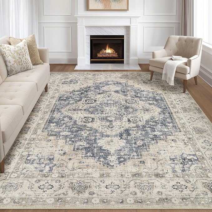 7x9 Area Rug Living Room: Washable Boho Large Neutral Vintage Soft Rug Stain Resistant Distressed Farmhouse Non-Slip Indoor Floor Carpet for Bedroom Nursery Kids Office Dining Room- Brown Blue