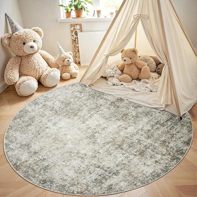 Round Rug 6ft Circle Rug Washable: Carpet Small Circular Area Rug for Entryway Kitchen Bedroom Dining Room Living Room 6 Feet Abstract College Dorm Non Slip Low Pile Beige Brown