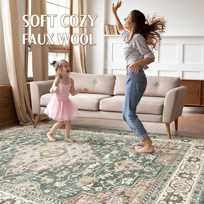 Green Rug Living Room Rugs: 10x14 Washable Boho Large Vintage Soft Stain Resistant Farmhouse Oriental Non Slip Indoor Floor Carpet for Bedroom Nursery Kids Playroom Office Dining Room Home Decor