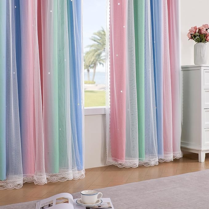 XiDi Curtains for Bedroom Decor, Rainbow Pink GreenBlue52/45/1