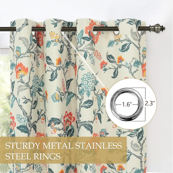 DriftAway Ada Floral Botanical Print Flower Leaf Lined Thermal Insulated Room Darkening Blackout Window Curtains 2 Layers Set of 2 Panels Each 52 Inch by 84 Inch Linen Orange Teal