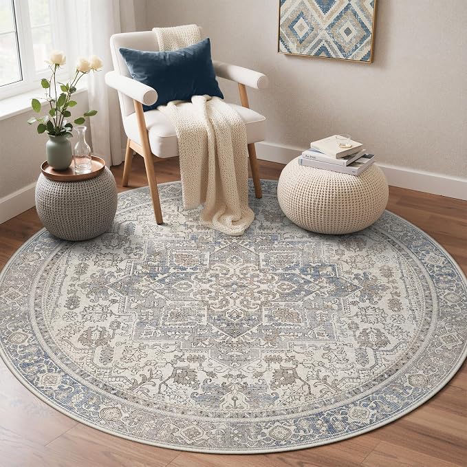 GENIMO 5FT Round Area Rugs for Living Room, Circle Rugs Machine Washable Low Pile, Non Slip Vintage Rug for Bedroom, Dining Room, Home Office, Khaki Blue
