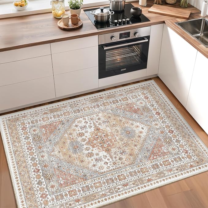 zesthome 3x4 Washable Area Rug for Entryway, Soft Kitchen Rugs Non Slip for Dining Room, Vintage Abstract Living Room Rug, Thin Area Rugs Indoor for Bedroom, Kids Room Decor(Orange,3'x4')