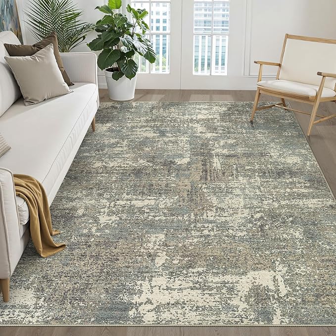5x7 Area Rugs Living Room: Washable Large Neutral Rug Abstract Soft Modern Stain Resistant Indoor Floor Non-Slip Carpet for Bedroom Nursery Kids Office Playroom Dining Room- Green Brown