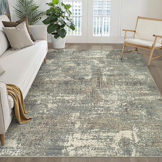 5x7 Area Rugs Living Room: Washable Large Neutral Rug Abstract Soft Modern Stain Resistant Indoor Floor Non-Slip Carpet for Bedroom Nursery Kids Office Playroom Dining Room- Green Brown