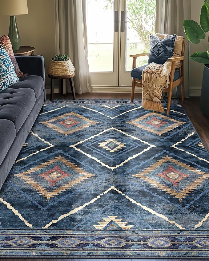 BESTSWEETIE Area Rug 6x9 Rug Machine Washable Non-Slip Low Pile Print Pattern Western Rug for Living Room Bedroom Entryway Tribal Series -Darkblue