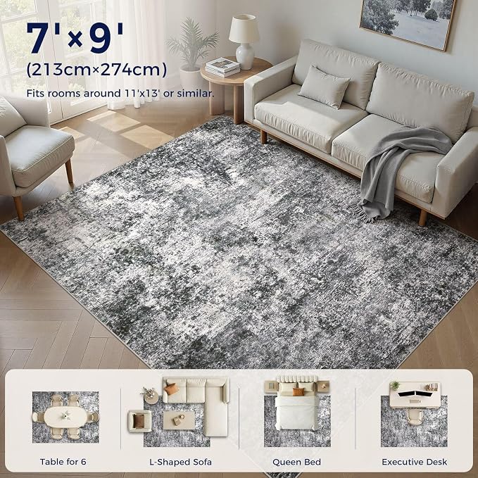 DMOYEST Area Rug Living Room Rugs - 7x9 Large Soft Indoor Neutral Modern Abstract Low Pile Washable Rug Carpet for Bedroom Dining Room Farmhouse Home Office - Grey